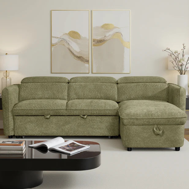 Capri Universal Corner Sofa Bed In Green Fabric with Storage
