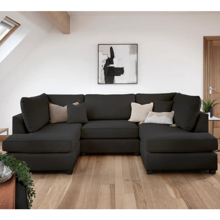 Carnaby Classic U-Shape Corner Sofa In Black With Footstool