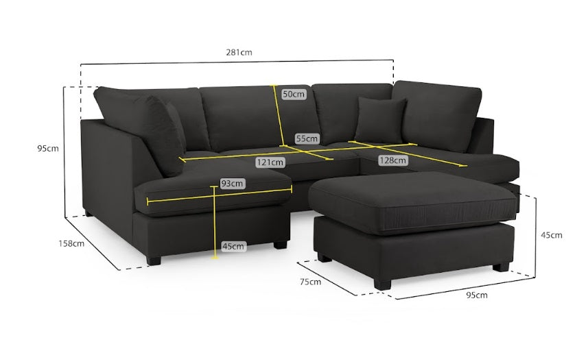 Carnaby Classic U-Shape Corner Sofa In Black With Footstool