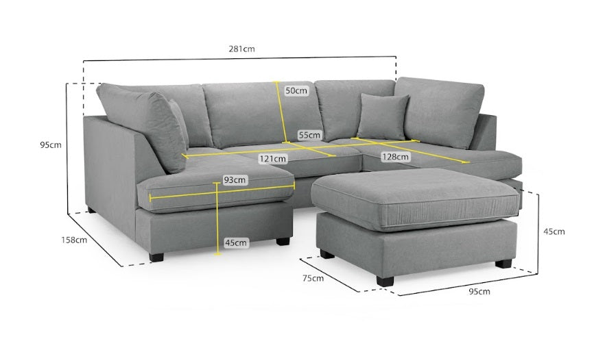 Carnaby Classic U-Shape Corner Sofa In Grey With Footstool