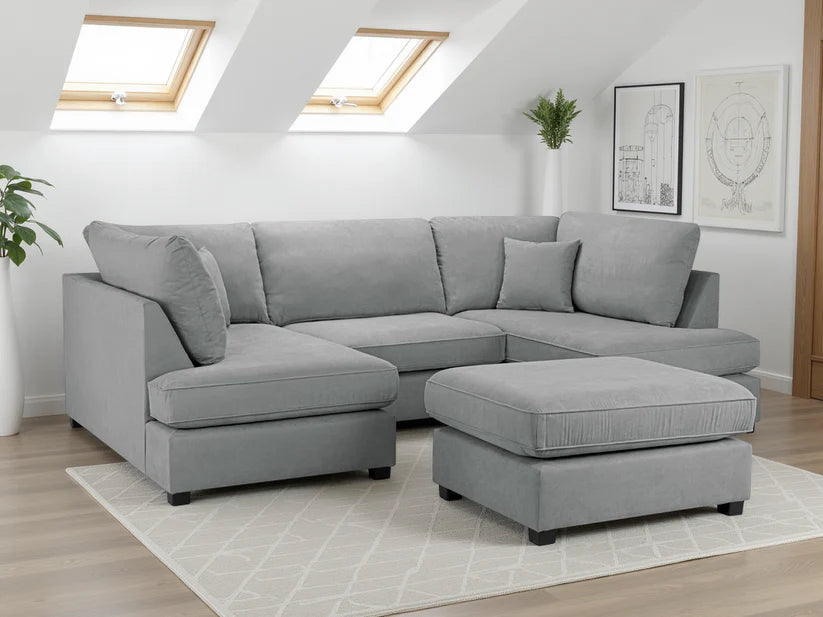 Carnaby Classic U-Shape Corner Sofa In Grey With Footstool