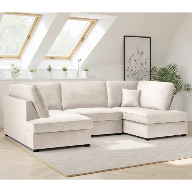 Carnaby Plush Velvet Fabric U-Shape Corner Sofa In Beige