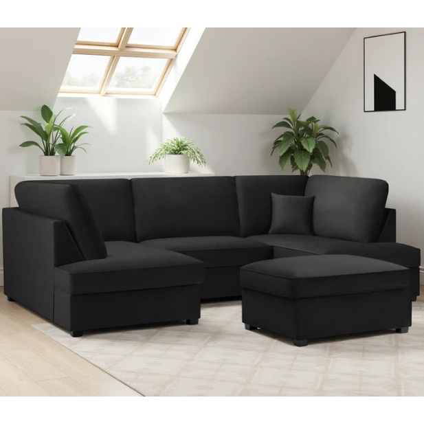 Carnaby Plush Velvet Fabric U-Shape Corner Sofa In Black