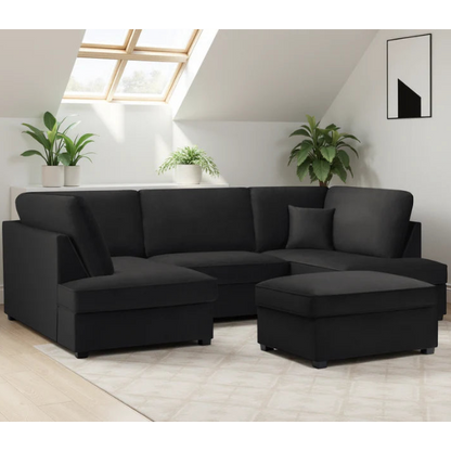 Carnaby Plush Velvet Fabric U-Shape Corner Sofa In Black