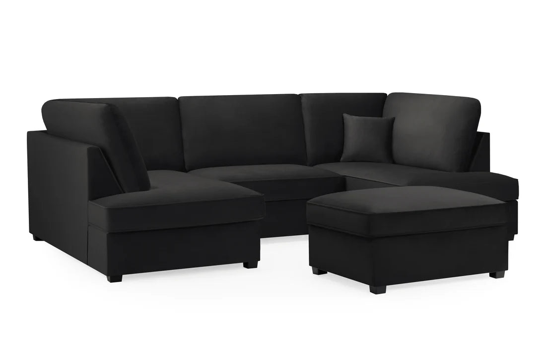 Carnaby Plush Velvet Fabric U-Shape Corner Sofa In Black