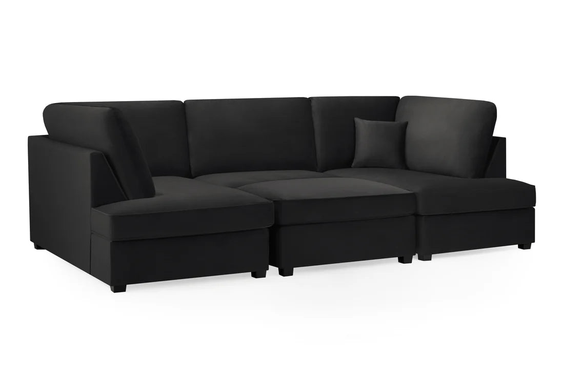 Carnaby Plush Velvet Fabric U-Shape Corner Sofa In Black