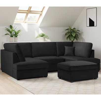 Carnaby Plush Velvet Fabric U-Shape Corner Sofa In Black