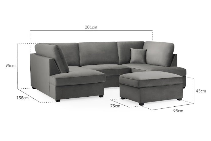 Carnaby Plush Velvet Fabric U-Shape Corner Sofa In Grey