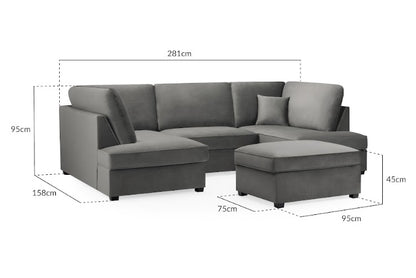 Carnaby Plush Velvet Fabric U-Shape Corner Sofa In Grey