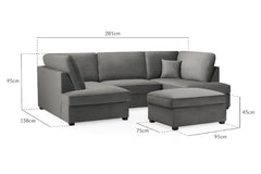 Carnaby Plush Velvet Fabric U-Shape Corner Sofa In Grey