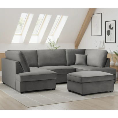 Carnaby Plush Velvet Fabric U-Shape Corner Sofa In Grey