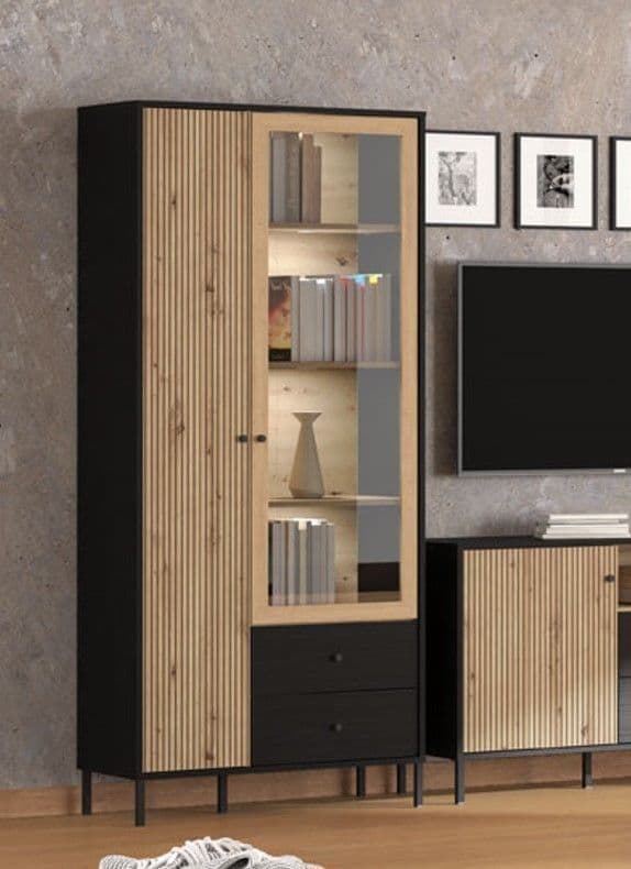 Clifton Slatted 2 Door 2 Drawer Display Cabinet In Black And Artisan Oak Effect