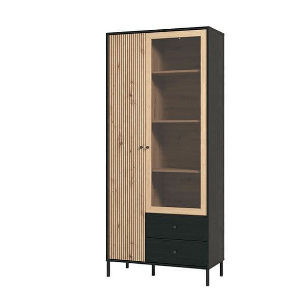 Clifton Slatted 2 Door 2 Drawer Display Cabinet In Black And Artisan Oak Effect