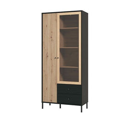 Clifton Slatted 2 Door 2 Drawer Display Cabinet In Black And Artisan Oak Effect