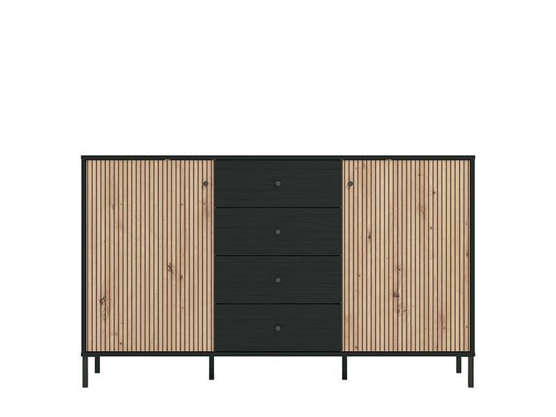 Clifton Slatted 2 Door 4 Drawer Sideboard In Black And Artisan Oak Effect