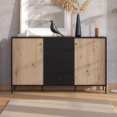 Clifton Slatted 2 Door 4 Drawer Sideboard In Black And Artisan Oak Effect