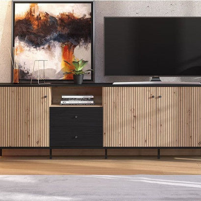 Clifton Slatted 3 Door 2 Drawer TV Stand In Black And Artisan Oak Effect