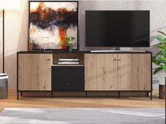 Clifton Slatted 3 Door 2 Drawer TV Stand In Black And Artisan Oak Effect