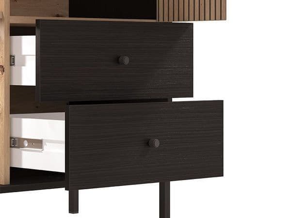 Clifton Slatted Low 1 Door 2 Drawer Display Cabinet In Black And Artisan Oak Effect