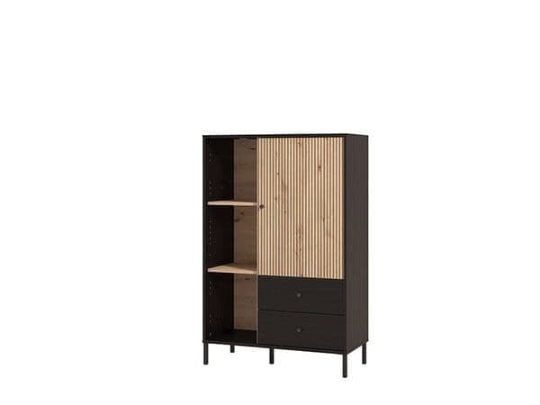 Clifton Slatted Low 1 Door 2 Drawer Display Cabinet In Black And Artisan Oak Effect