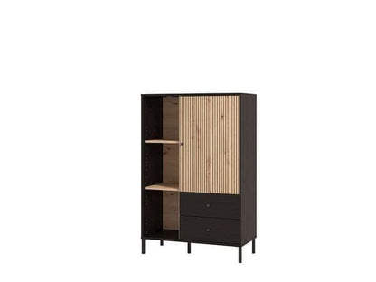 Clifton Slatted Low 1 Door 2 Drawer Display Cabinet In Black And Artisan Oak Effect