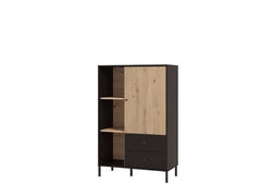 Clifton Slatted Low 1 Door 2 Drawer Display Cabinet In Black And Artisan Oak Effect