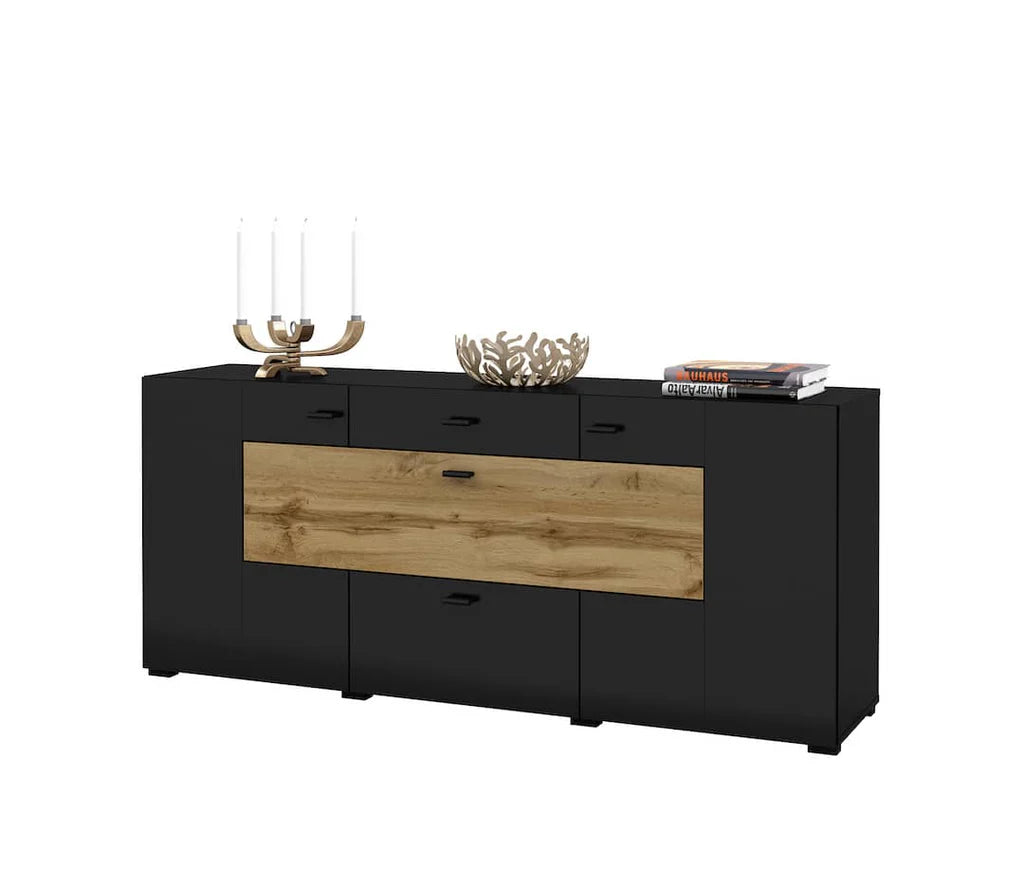 Coby Large Wooden 2 Door 2 Drawers Sideboard in Oak Wotan & Black - Furniture One Shop