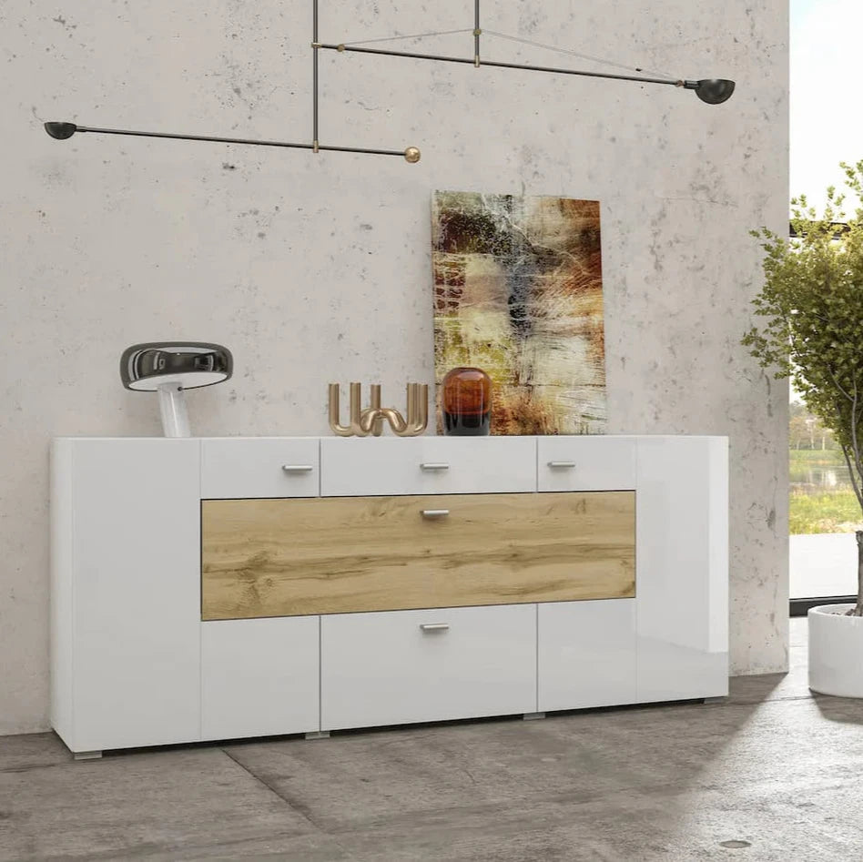 Coby Large Wooden 2 Door 2 Drawers Sideboard in Oak Wotan & White Gloss