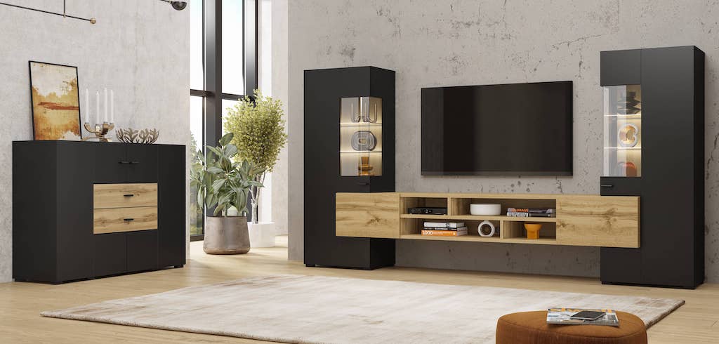 Coby Wooden TV Entertainment Unit in Oak Wotan & Black