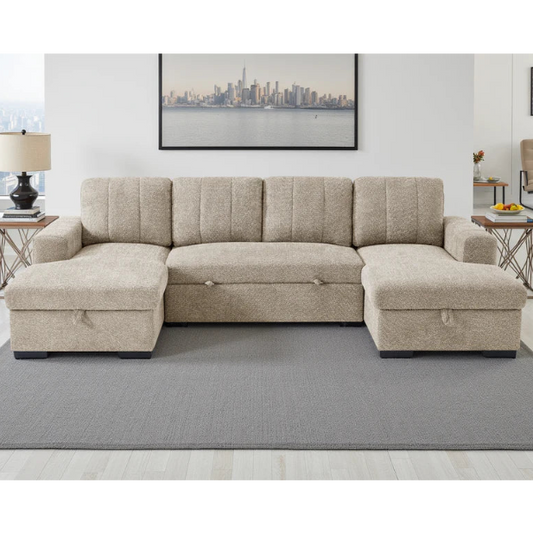 Como U-Shape Corner Sofa Bed In Beige Fabric with Double Storage