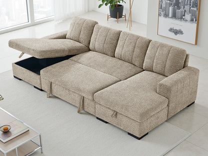 Como U-Shape Corner Sofa Bed In Beige Fabric with Double Storage - Furniture One Shop