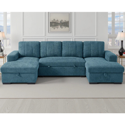 Como U-Shape Corner Sofa Bed In Blue Fabric with Double Storage