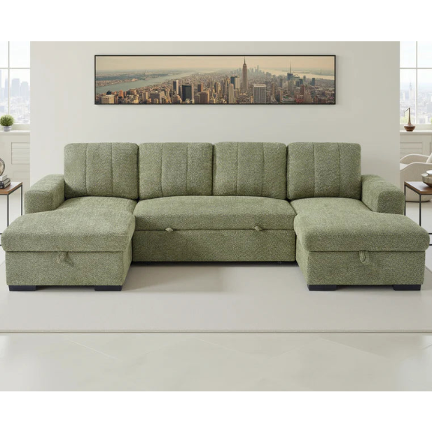 Como U-Shape Corner Sofa Bed In Green Fabric with Double Storage