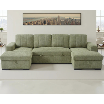Como U-Shape Corner Sofa Bed In Green Fabric with Double Storage