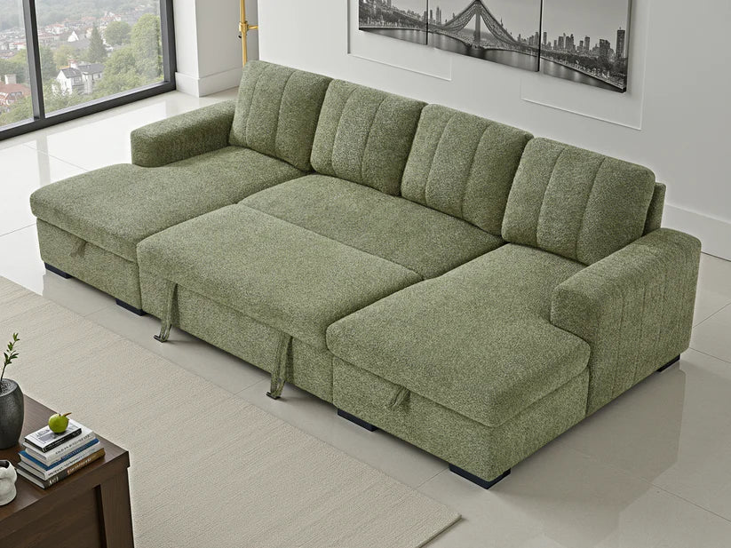 Como U-Shape Corner Sofa Bed In Green Fabric with Double Storage - Furniture One Shop