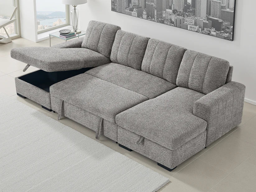 Como U-Shape Corner Sofa Bed In Grey Fabric with Double Storage - Furniture One Shop