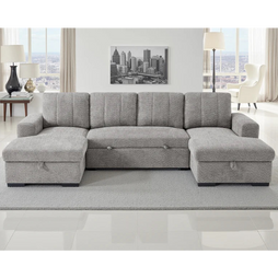 Como U-Shape Corner Sofa Bed In Grey Fabric with Double Storage