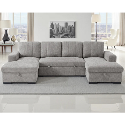 Como U-Shape Corner Sofa Bed In Grey Fabric with Double Storage