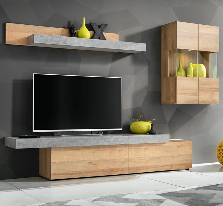 Concrete Wooden Entertainment Unit in Oak Riviera & Concrete Grey