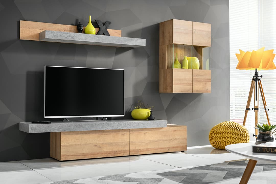 Concrete Wooden Entertainment Unit in Oak Riviera & Concrete Grey