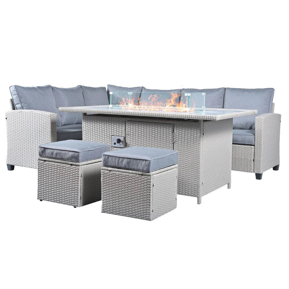 Conwy 8 Seater Corner Gas Firepit Dining Set in Rattan