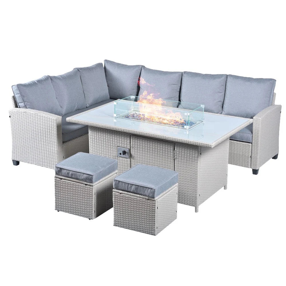 Conwy 8 Seater Corner Gas Firepit Dining Set in Rattan