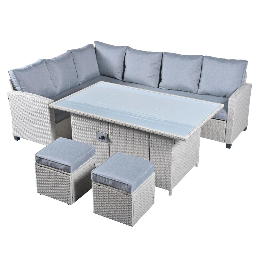 Conwy 8 Seater Corner Gas Firepit Dining Set in Rattan