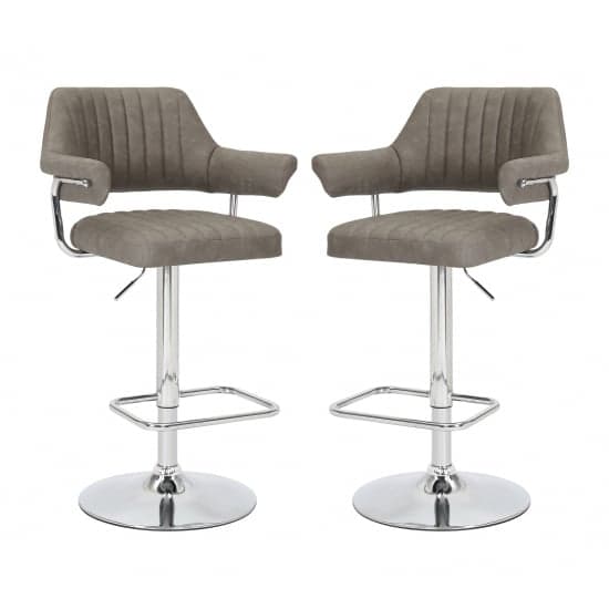 Cortez Charcoal Leather Effect Bar Stools With Chrome Base In Pair