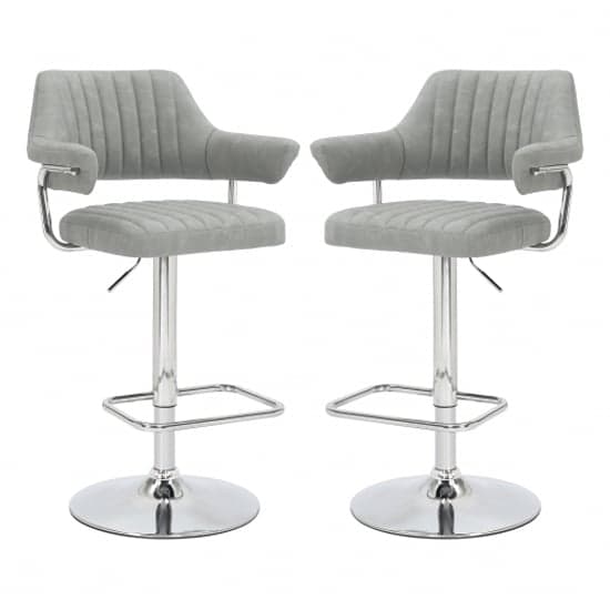 Cortez Light Grey Leather Effect Bar Stools With Chrome Base In Pair