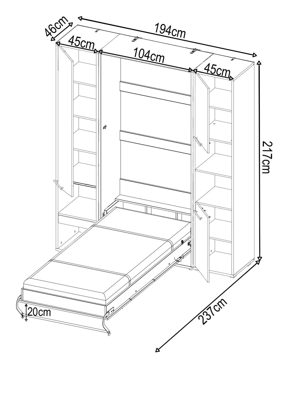 CP-03 Vertical Wooden Wall Single Bed with Storage Cabinet in Gloss White 90cm