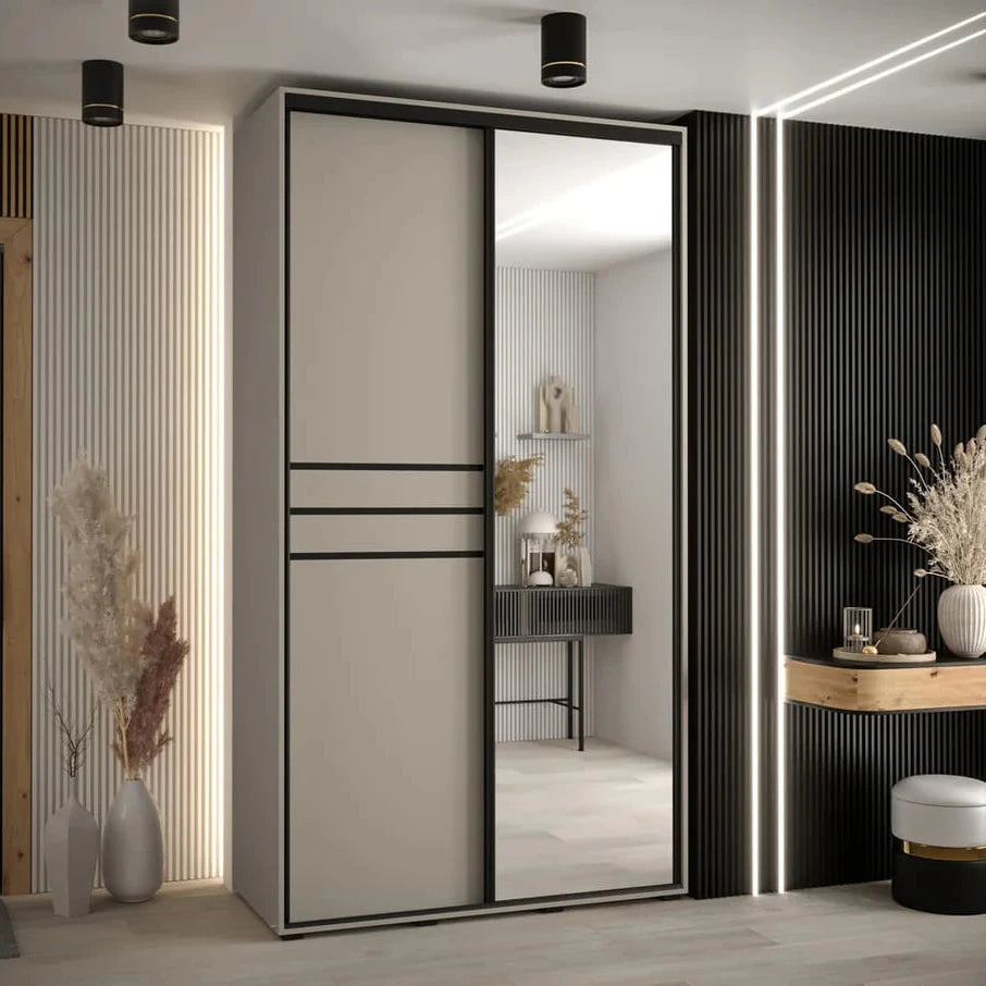 Dakota 2 Sliding Door 1 Mirrored Wooden Wardrobe in Cashmere