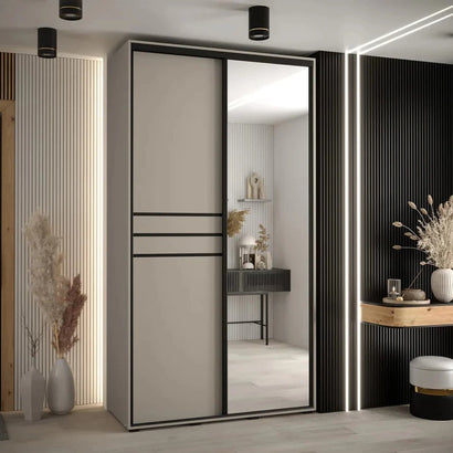 Dakota 2 Sliding Door 1 Mirrored Wooden Wardrobe in Cashmere