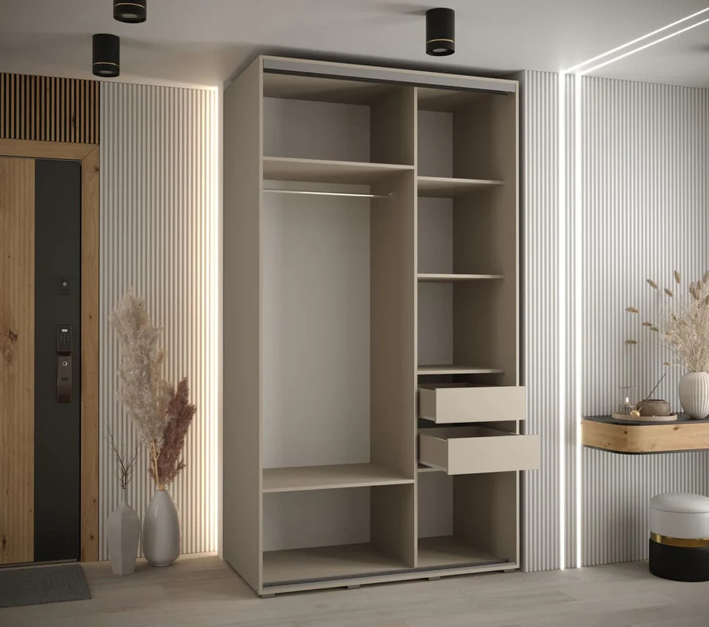 Dakota 2 Sliding Door 1 Mirrored Wooden Wardrobe in Cashmere