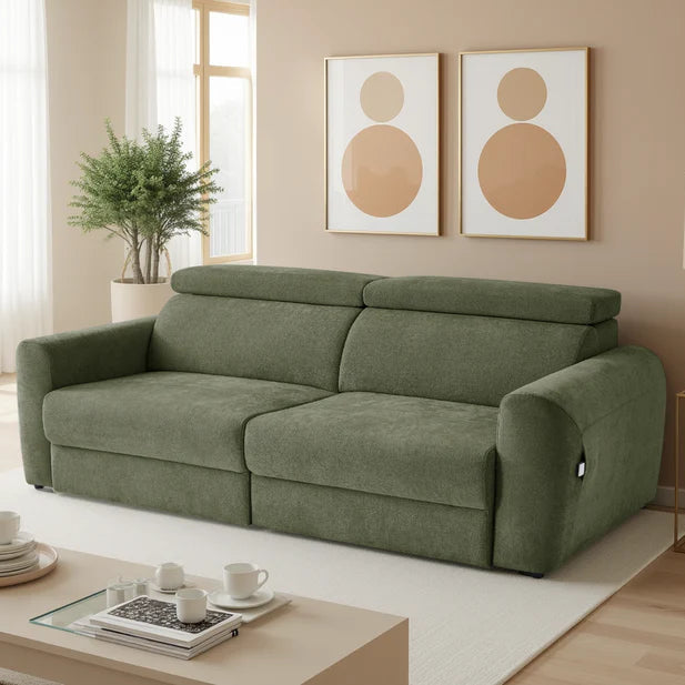 Dakota 3 Seater Electric Reclining Sofa Bed In Green Fabric
